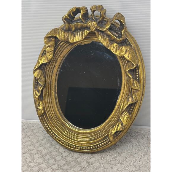 VTG Gold Tone Mirror Round Wall Hanging Ribbon Bow Coquette 11.5" x 9.5" - Picture 1 of 6
